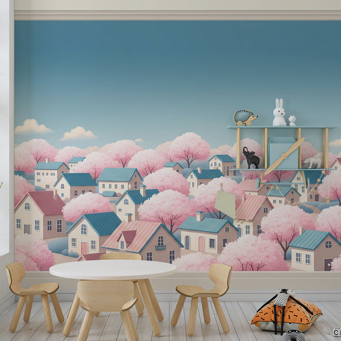 Papel de parede para quarto infantil | Vista de uma aldeia florida com cerejeiras em flor