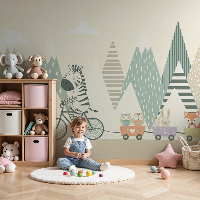 Børneværelse tapet | Zebra på cykel med sine dyrevenner i et pastelfarvet bjerglandskab