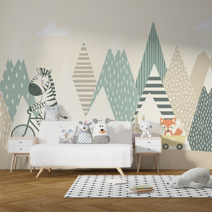 Børneværelse tapet | Zebra på cykel med sine dyrevenner i et pastelfarvet bjerglandskab