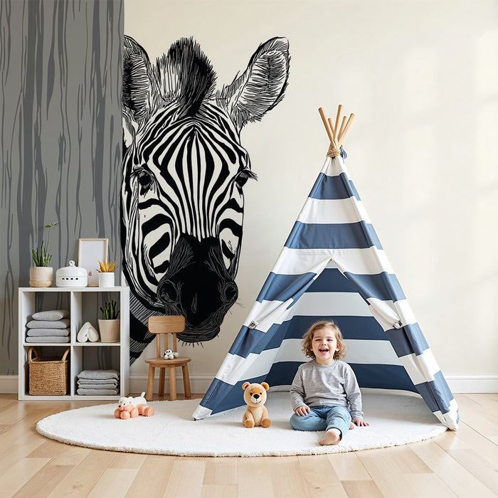 Papel de parede criança | Zebra curiosa atrás de uma árvore
