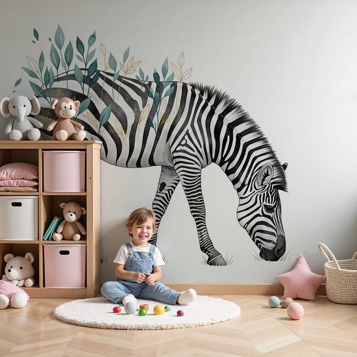 Barnetapet med elegant sebra og delikat løvverk