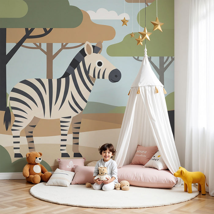 Papel de parede criança | Zebra și animale colorate într-o junglă ludică