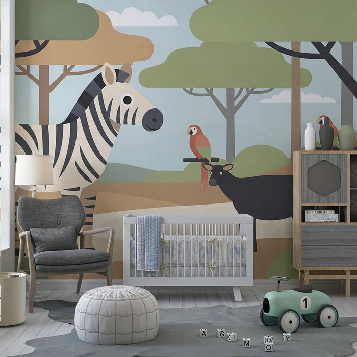 Papel de parede criança | Zebra și animale colorate într-o junglă ludică