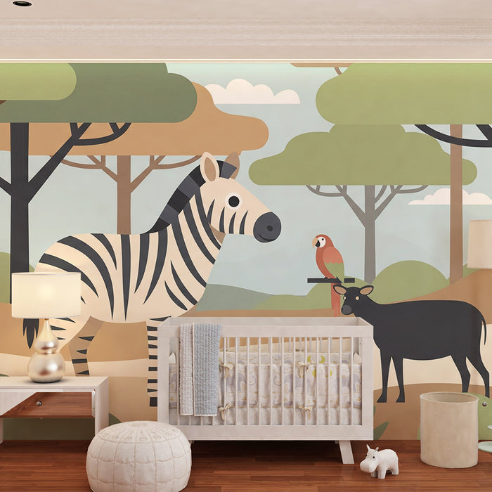 Papel de parede criança | Zebra și animale colorate într-o junglă ludică