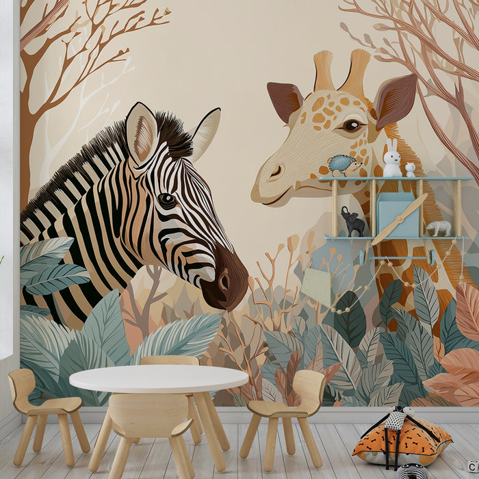 Tapet till barnrummet | Zebra och giraf mitt i djungeln