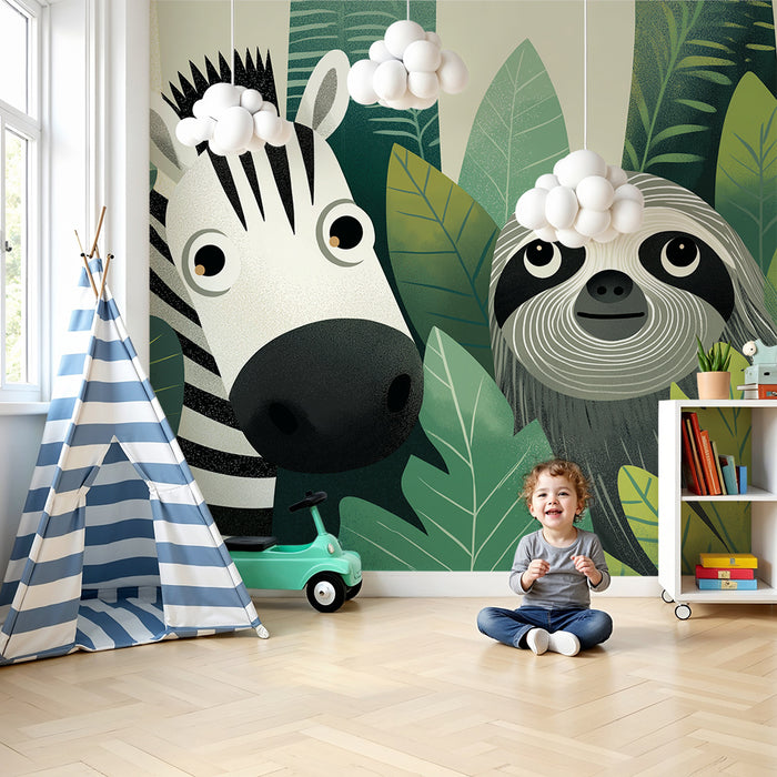 Carta da parati bambini | Zebra e bradipi in una giungla lussureggiante