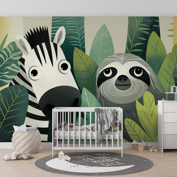 Carta da parati bambini | Zebra e bradipi in una giungla lussureggiante