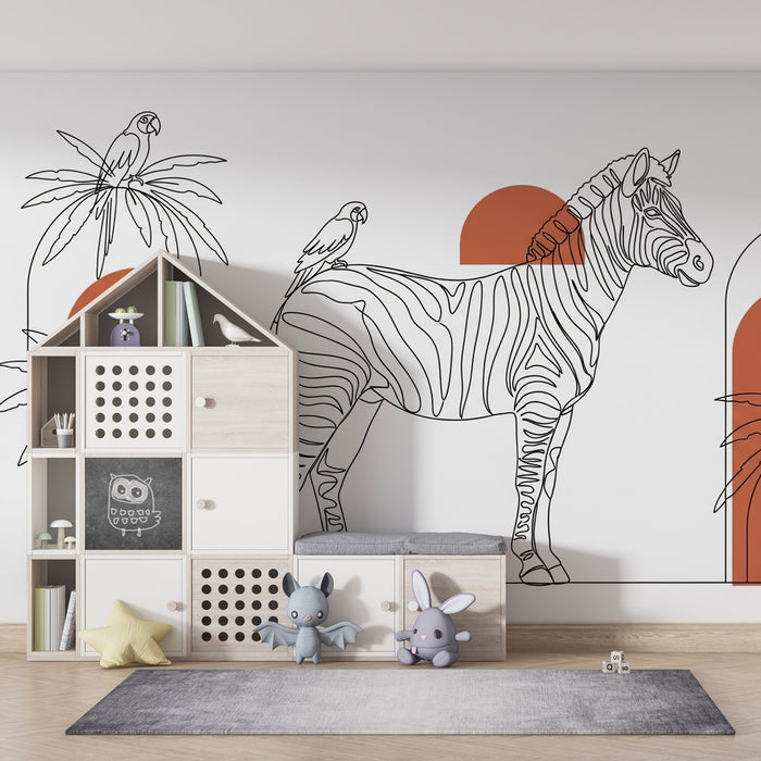 Tapety dla dzieci | Zebra a papoušci v stylizované džungli