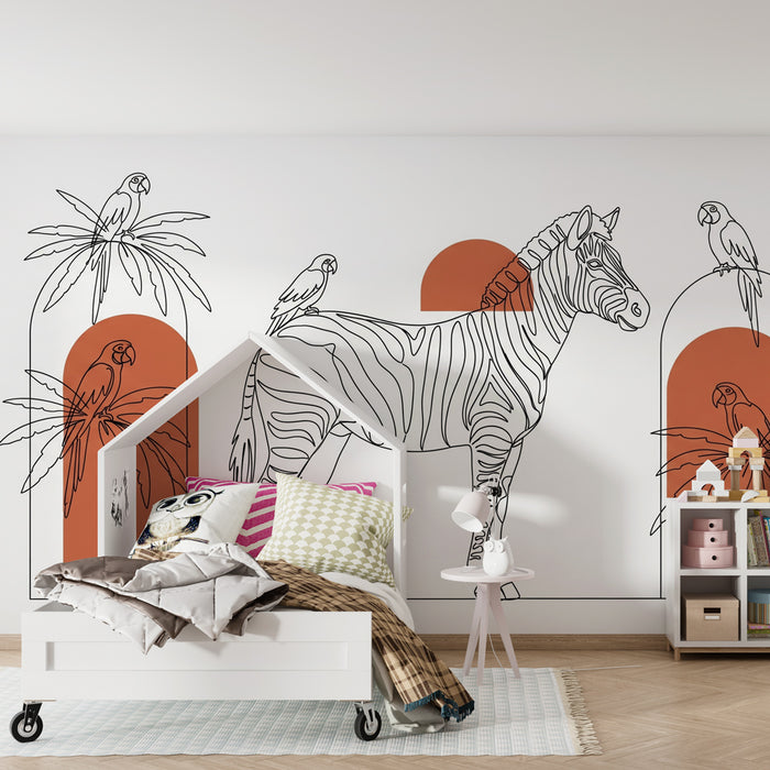 Tapety dla dzieci | Zebra a papoušci v stylizované džungli