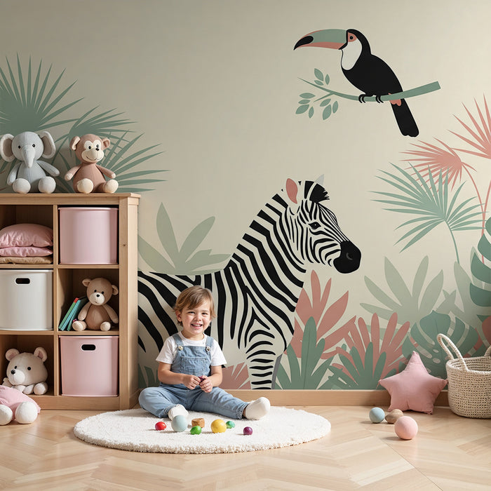 Behang kinderkamer | Zebra en toekan in een kleurrijke jungle