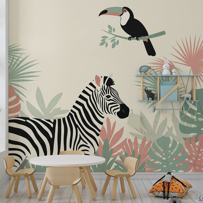 Behang kinderkamer | Zebra en toekan in een kleurrijke jungle