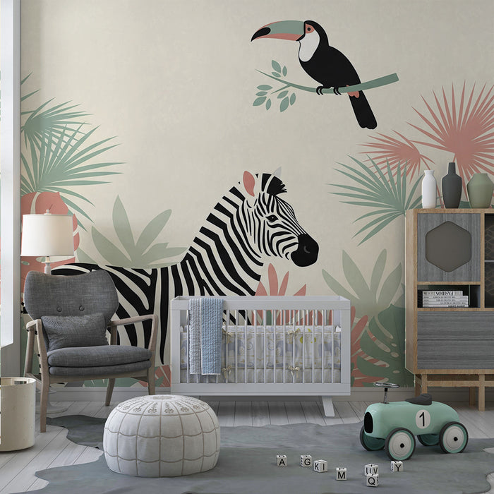 Behang kinderkamer | Zebra en toekan in een kleurrijke jungle