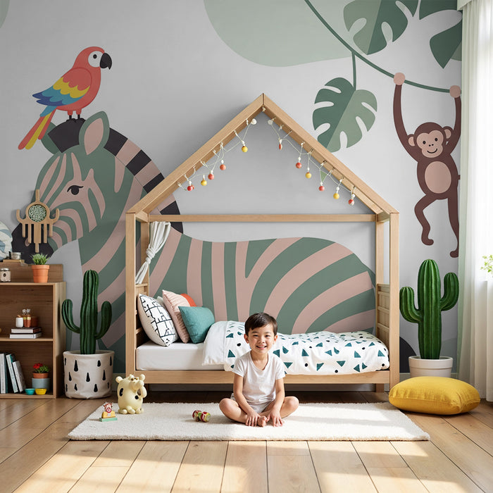 Tapety dla dzieci | Zebra papuga i małpa w kolorowej dżungli