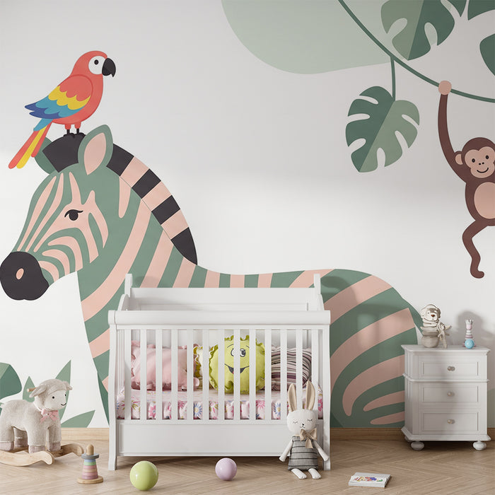 Tapety dla dzieci | Zebra papuga i małpa w kolorowej dżungli