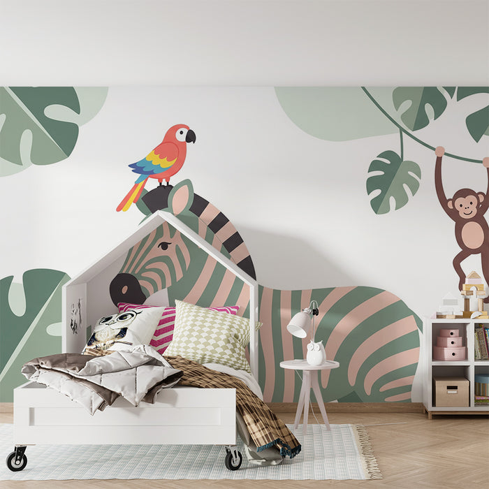 Tapety dla dzieci | Zebra papuga i małpa w kolorowej dżungli