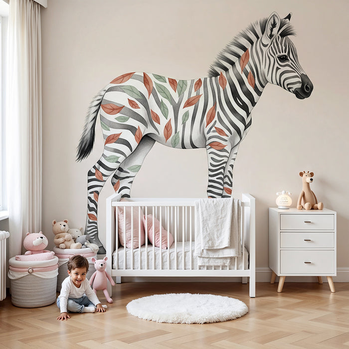 Gyermekszoba tapéta | Színes levelekkel díszített zebra