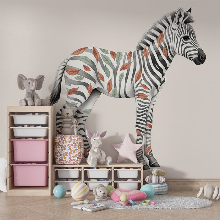 Gyermekszoba tapéta | Színes levelekkel díszített zebra