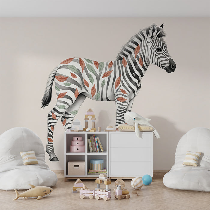 Gyermekszoba tapéta | Színes levelekkel díszített zebra