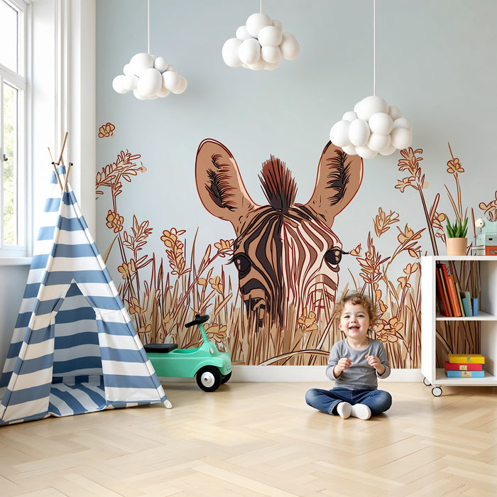Papier peint chambre enfant | Zèbre caché dans les herbes