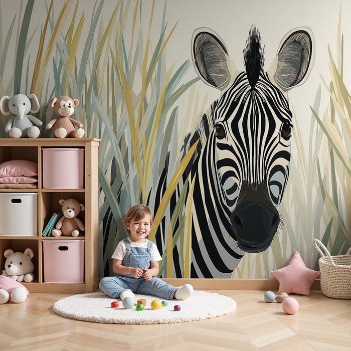 Papel de parede criança | Zebra curiosa no meio das delicadas ervas