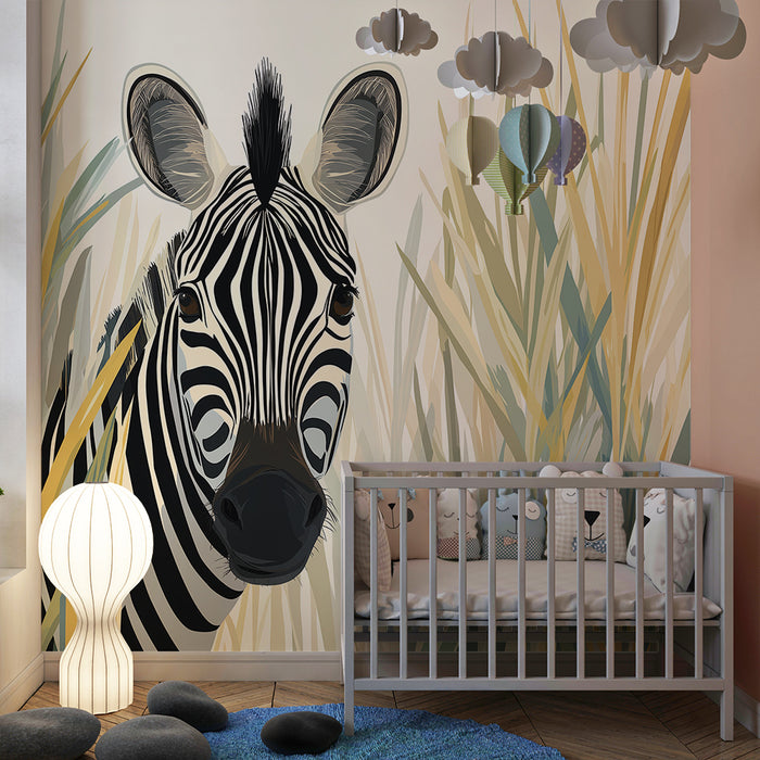 Papel de parede criança | Zebra curiosa no meio das delicadas ervas