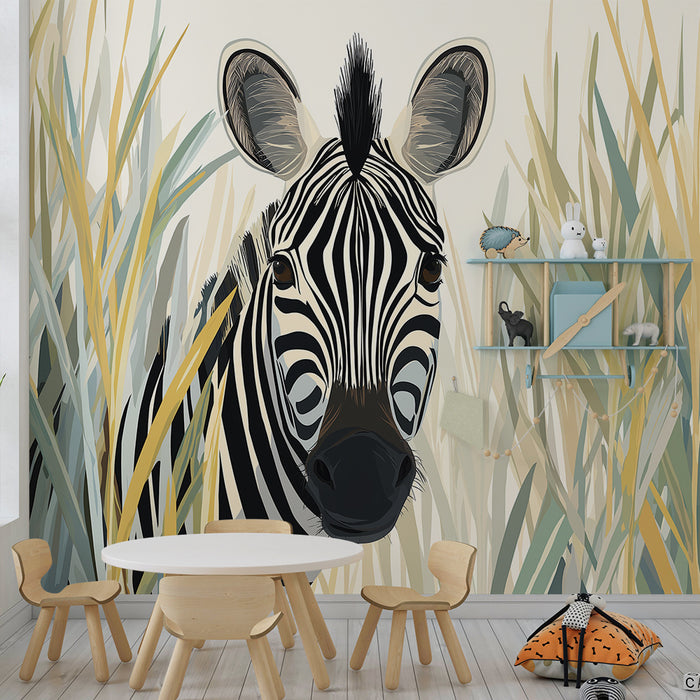 Papel de parede criança | Zebra curiosa no meio das delicadas ervas