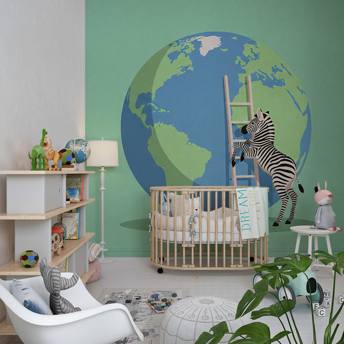 Papel de parede criança | Zebra curiosa e globo terrestre colorido