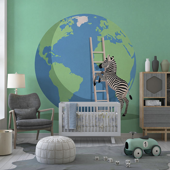 Papel de parede criança | Zebra curiosa e globo terrestre colorido