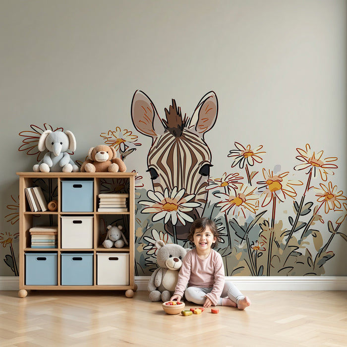 Papier peint chambre enfant | Zèbre curieux parmi les fleurs