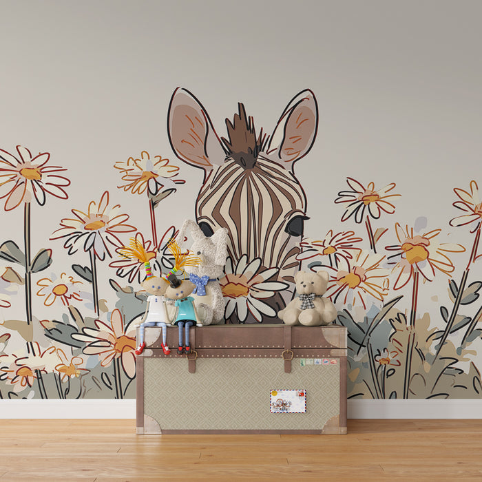Papier peint chambre enfant | Zèbre curieux parmi les fleurs