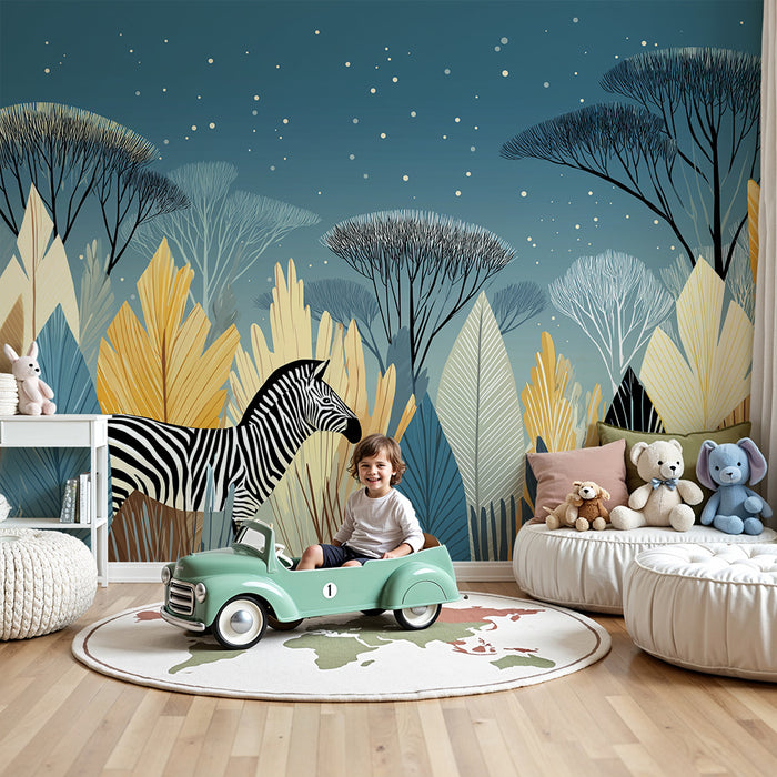 Papier peint chambre enfant | Zèbre dans un paysage de savane aux couleurs douces