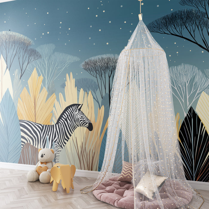 Papier peint chambre enfant | Zèbre dans un paysage de savane aux couleurs douces