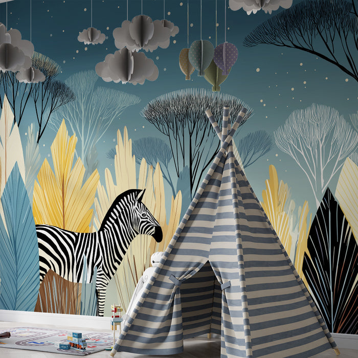 Papier peint chambre enfant | Zèbre dans un paysage de savane aux couleurs douces