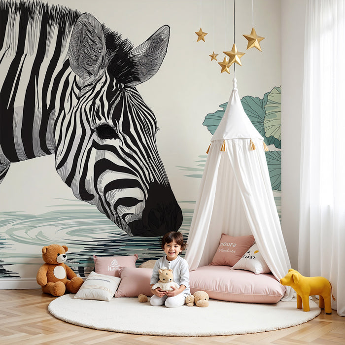 Barntapet | Elegant zebra vid vattenkanten omgiven av näckrosor