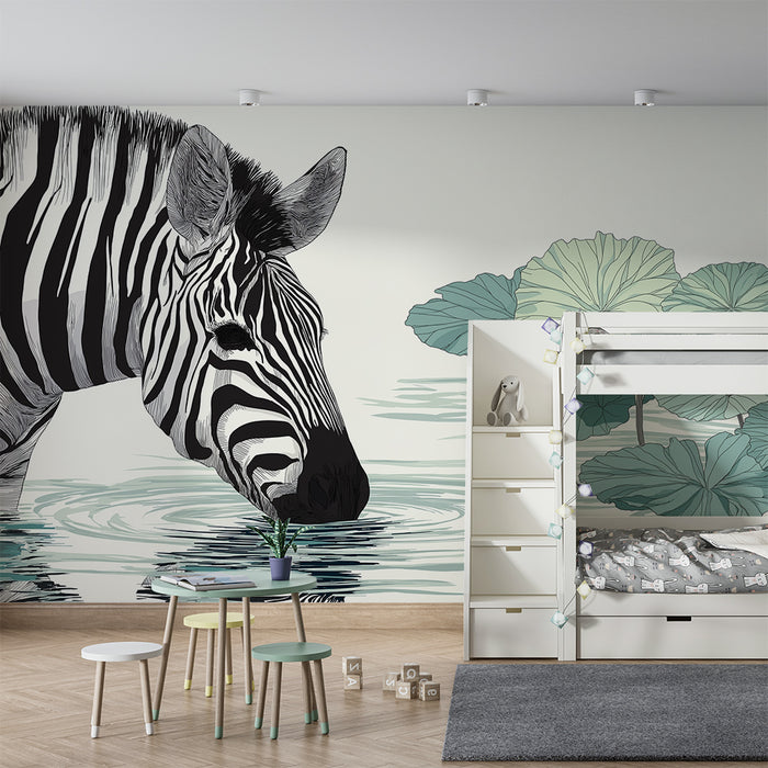 Barntapet | Elegant zebra vid vattenkanten omgiven av näckrosor