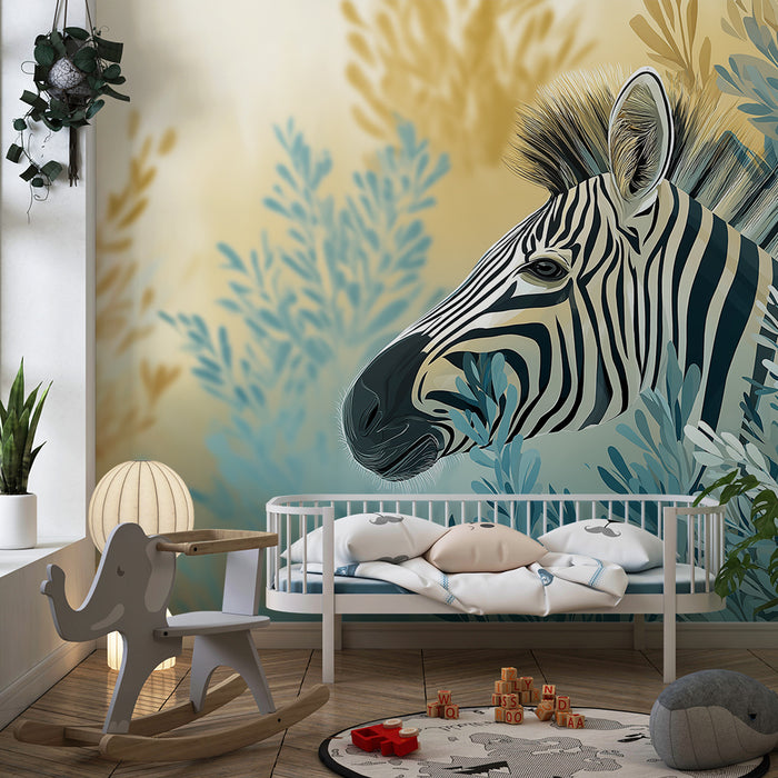 Børneværelse tapet | Elegant zebra blandt bløde blade