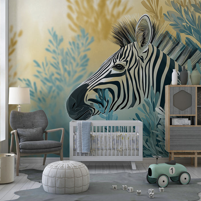 Børneværelse tapet | Elegant zebra blandt bløde blade