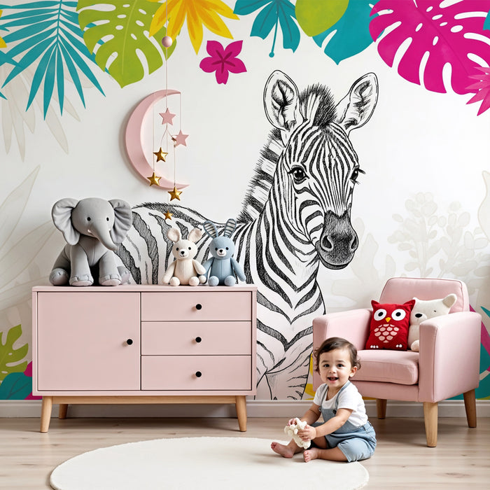 Gyermekszoba tapéta | Zebra és színes dzsungel