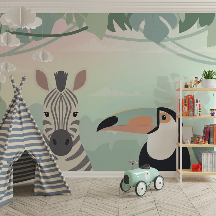 Papier peint chambre enfant | Zèbre et toucan au cœur de la jungle