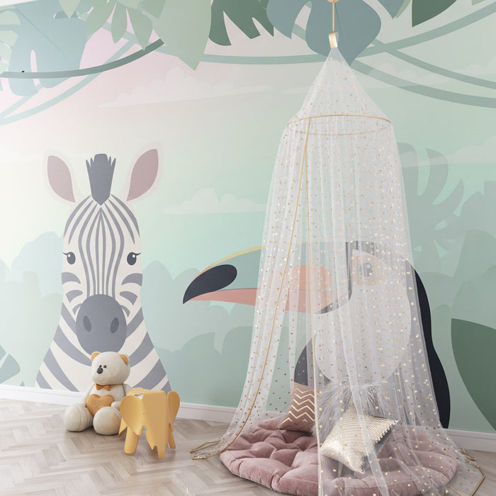 Papier peint chambre enfant | Zèbre et toucan au cœur de la jungle