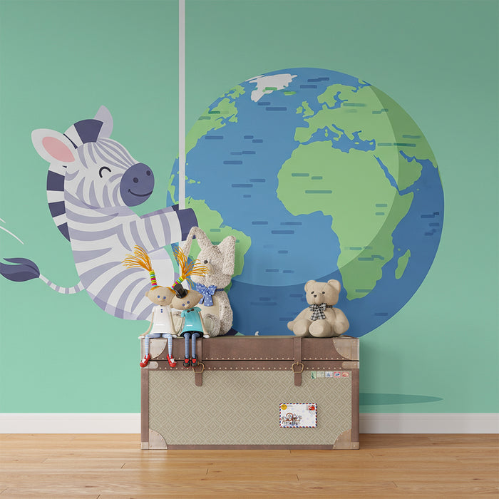 Papier peint chambre enfant | Zèbre joyeux s'accrochant à la Terre