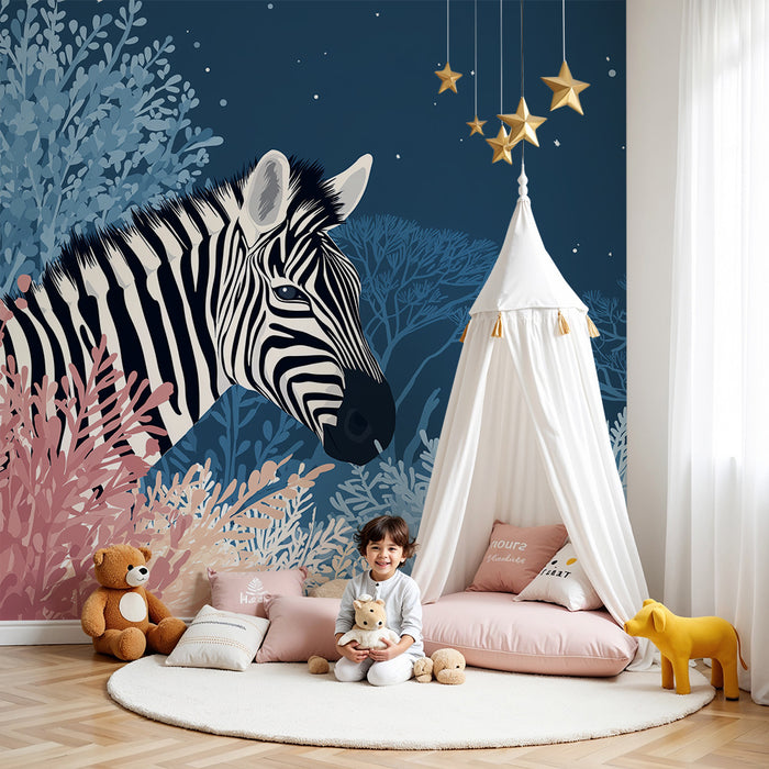 Kinderzimmer Tapete | Majestätisches Zebra inmitten eines sternenhellen Waldes