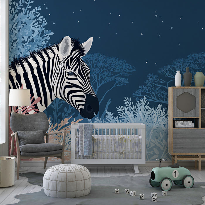 Kinderzimmer Tapete | Majestätisches Zebra inmitten eines sternenhellen Waldes