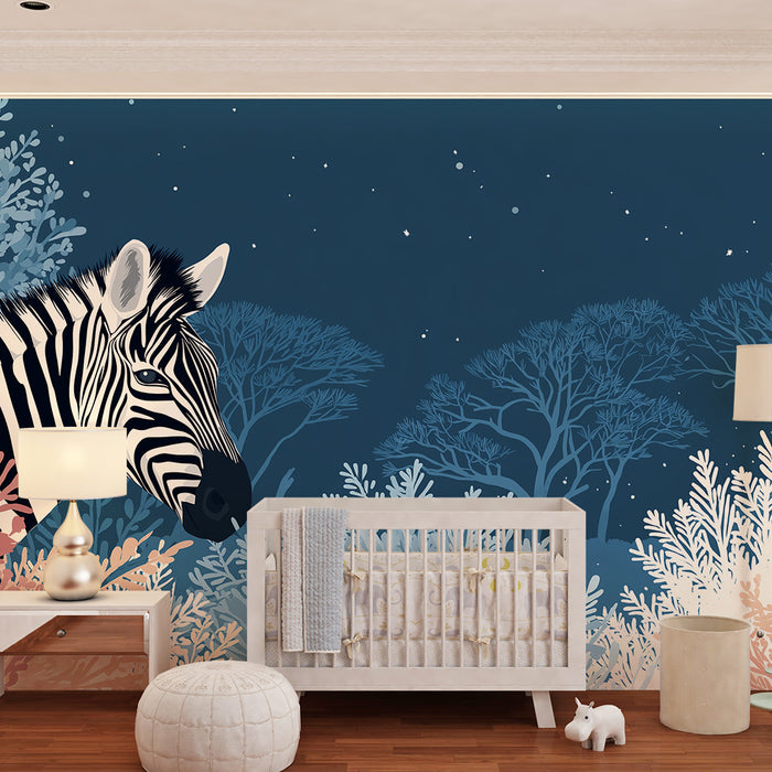Kinderzimmer Tapete | Majestätisches Zebra inmitten eines sternenhellen Waldes
