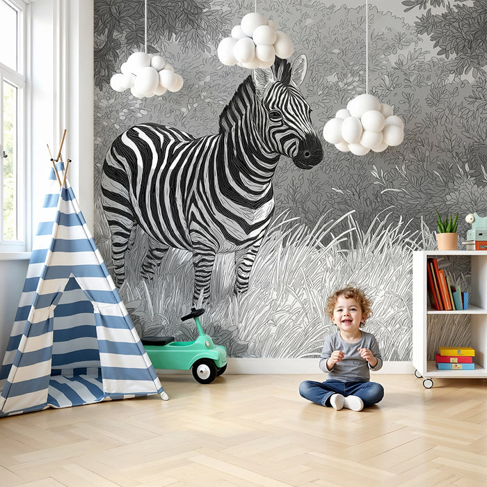 Tapeta dětského pokoje | Majestátní zebra v přírodním černobílém prostředí
