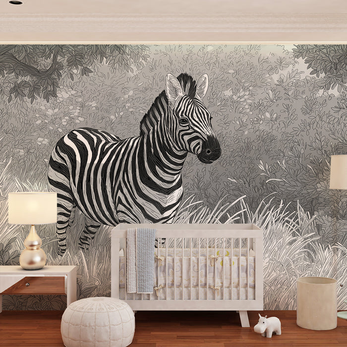 Tapeta dětského pokoje | Majestátní zebra v přírodním černobílém prostředí