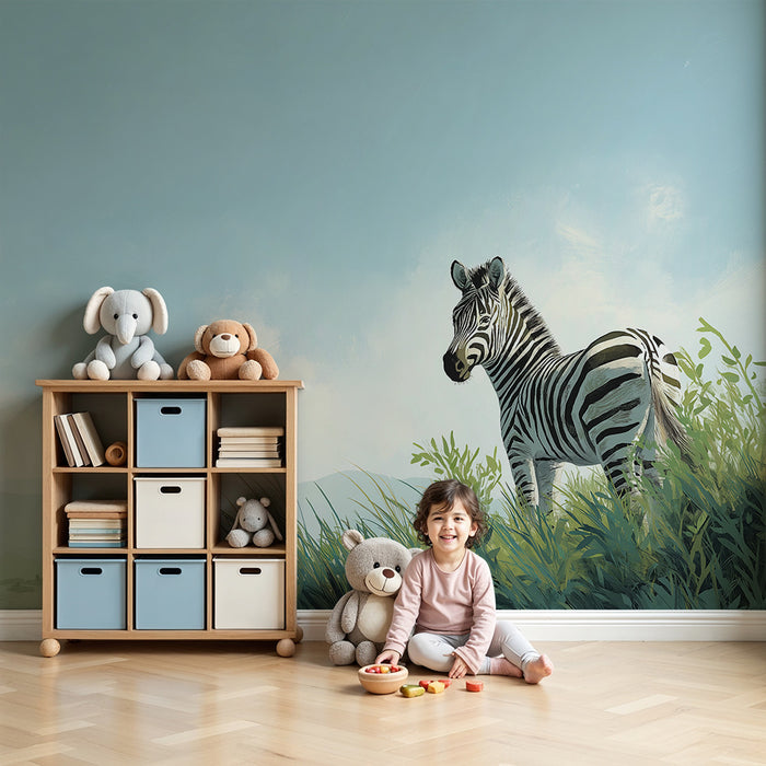 Papier peint chambre enfant | Zèbre majestueux dans un paysage verdoyant