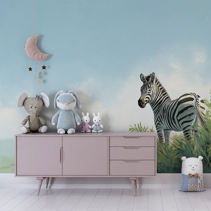 Papier peint chambre enfant | Zèbre majestueux dans un paysage verdoyant