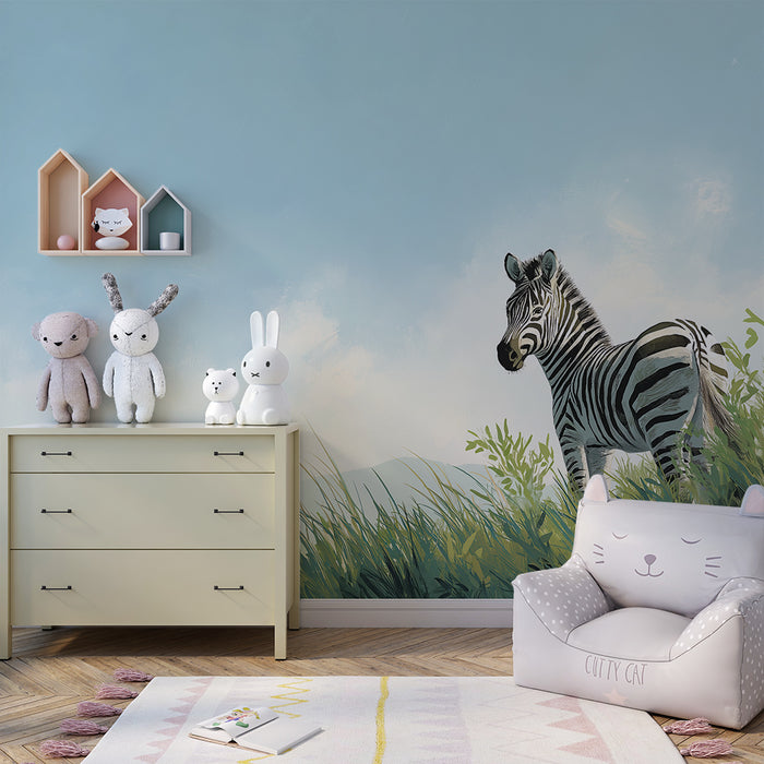 Papier peint chambre enfant | Zèbre majestueux dans un paysage verdoyant