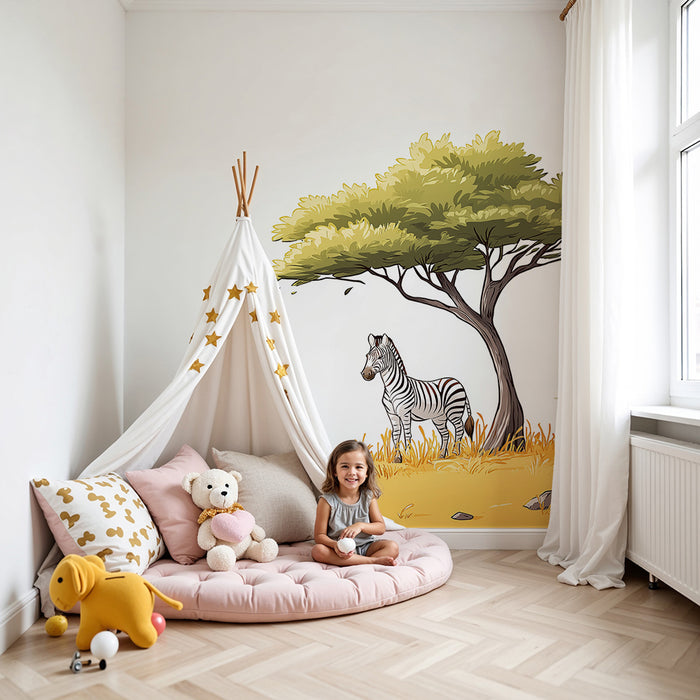 Kids room wallpaper | Majestic zebra under a tree in the savanna